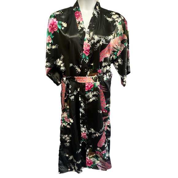 Womens Black Satin Kimono Robe Peacock and Blossoms Nightgown Sleepwear O/S - Picture 4 of 9